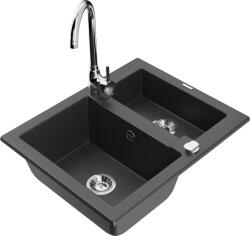 Mexen Carlos, gránit mosogató 582x475x177 mm, 1, 5 kamrás és Telma króm mosogató csaptelep, fekete foltos, 6518-76-670200-00 (6518-76-670200-00)