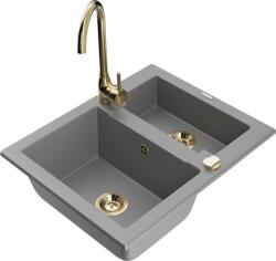 Mexen Carlos, gránit mosogató 582x475x177 mm, 1, 5 kamrás és Telma arany mosogató csaptelep, szürke, 6518-71-670200-50 (6518-71-670200-50)