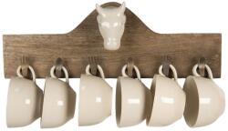 Clayre & Eef Set 6 cesti din ceramica crem cu suport de perete din lemn maro 48 cm x 9 cm x 17 h (64537)