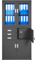 JAN NOWAK FILIP | 802 Fém iratszekrény széffel, vitrinnel és fiókokkal / ANTRACIT színben (802)