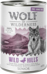 Wolf of Wilderness Wolf of Wilderness "Free-Range Meat" Senior 6 x 400 g - Wild Hills Rață crescută în aer liber & vițel crescut