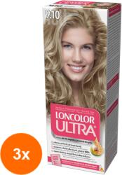 LONCOLOR Set 3 x Vopsea de Par Permanenta cu Amoniac Loncolor Ultra 9.10 Blond Irizat, 100 ml