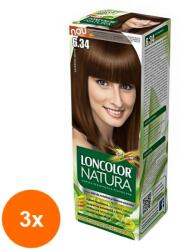 LONCOLOR Set 3 x Vopsea de Par Permanenta Loncolor Natura 6.34 Castaniu Aluna, 100 ml