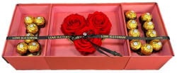Aranjamente florale - Pachet cadou I Love you, format din 3 trandafiri criogenati si praline Ferrero Rocher, Roz