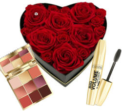 Aranjamente florale - Cadou femei My Heart Red, cutie cu 15 trandafiri criogenati, paleta machiaj si mascara big volume Eveline