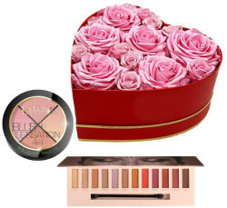 Aranjamente florale - Cadou femei My Heart Pink, cutie cu 15 trandafiri criogenati, paleta machiaj si blush sensation Eveline