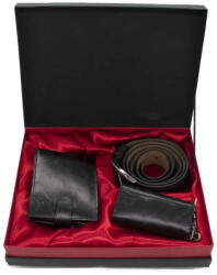 Aranjamente florale - Set cadou pentru barbati VLV, cutie cu 3 articole practice, portofel, curea si accesoriu inedit pentru chei, 27x22 cm, Negru