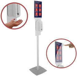 JJ Displays Kézfertőtlenítő állomás, érzékelős fertőtlenítőszer adagoló, A4 plakátkerettel