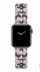 Utángyártott Apple Watch szíj 38/ 40/ 41 mm fém karkötő ezüst-pink, bőrcsíkkal (OS-0201)
