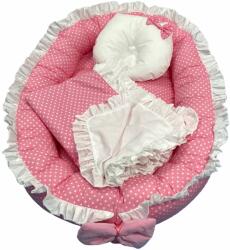 Deseda Cuib baby nest bebelusi cu volanase, paturica si pernuta roz cu buline albe lux