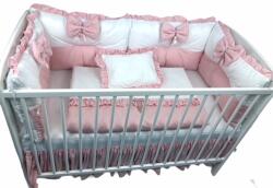 Deseda Lenjerie de patut cu 6 aparatori pufoase alb-roz pal 120x60 cm, fundite, plapumioara, perna si cearsaf cu volan Lenjerii de pat bebelusi‎, patura bebelusi