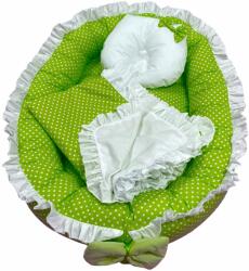 Deseda Cuib baby nest bebelusi cu volanase, paturica si pernuta verde cu buline albe lux