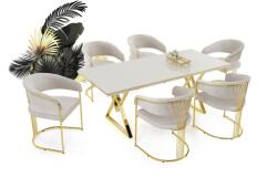 BYS Alya Elit étkezőasztal lakk fehér MDF lappal, arany fém lábakkal 92x160 cm és 6 db Alya székkel