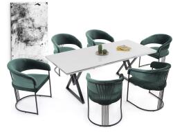 BYS Alya Elit étkezőasztal fehér marmo MDF lappal, fekete fém lábakkal 92x200 cm és 6 db Alya székkel