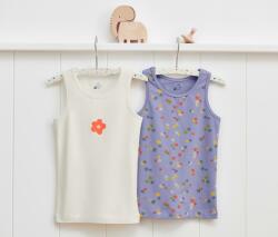 Tchibo 2 kislány trikó, virágos, lila/fehér 1x fehér, nyomott virágmintával a mellrészen, 1x lila, többszínű, nyomott virágmintával 110/116