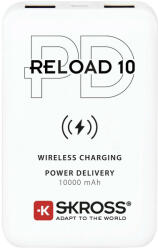  Külső akkumulátor, 10000 mAh, 18W, Okostelefonhoz és TabletPC-hez, 2 x USB aljzat, USB Type-C, Vezeték nélküli töltővel, gyorstöltés, SKRoss Reaload 10 IQ, fehér - tok-shop