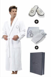 Soft Cotton SEHZADE férfi fürdőköpeny ajándékdobozban + törölköző+ papucs XXL + papucs (42/44) + törölköző + box Fehér-ezüst hímzés / Silver