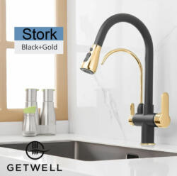 Getwell Stork 2 karos, 3 utas, Kihúzható Zuhanyfejes Konyhai Csap Víztisztítókhoz Fekete és arany színben (GW211BG)
