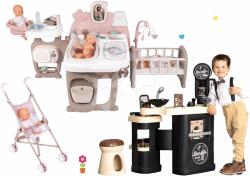 Smoby Set căsuță pentru păpușă Large Doll's Play Center Natur D'Amour Baby Nurse Smoby și frizerie cu trei aripi Barber Shop și cărucior pliabil sport (SM220376-18) Papusa