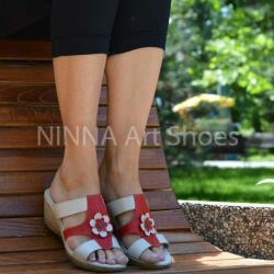  Sandale dama din piele naturala, rosu - crem - NA303ROSU - ellegant
