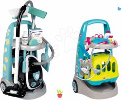 Smoby Set cărucior de curățenie cu aspirator elecronic Cleaning Trolley Vacuum Cleaner Smoby și un cărucior veterinar cu o valiză și o pisicuță (SM330316-8)