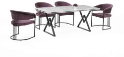 BYS Alya Elit étkezőasztal fehér marmo MDF lappal, fekete fém lábakkal 92x180 cm és 6 db Alya székkel