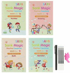 Sank Set cu 4 caiete de lucru si stilou magic pentru scris si desenat Sank Magic, rechizite scolare, multicolor, 19 cm X 13 cm for Your BabyKids