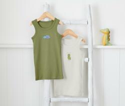 Tchibo 2 kisgyerek trikó, állatos, zöld/fehér 1x fehér, a mellkas részen hangya nyomott mintával, 1x olívazöld, a mellkas részen nyomott bogár mintával 110/116
