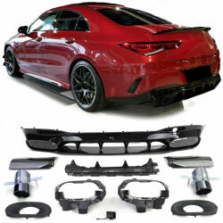  Mercedes Benz CLA C118 X118 AMG-LINE 2019-2025 45S AMG stílusú utángyártott lakk fekete hátsó diffúzor 35 AMG 1-1csöves fekete króm kipufogó végekkel