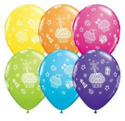 Qualatex Szülinapi lufi 11" 28cm 6db Sütemények, Ajándékok Lufi - Cupcakes and Presents, q31227rp (LUFI854359)
