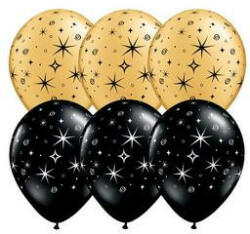 Qualatex lufi 11" 28cm 6db Csillag Mintás Fekete és Arany lufi - Sparkles & Swirls, q12578rp (LUFI785087)