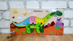 Puzzle incastru din lemn cu piese numerotate dinozaur- Diplodocus (101381)