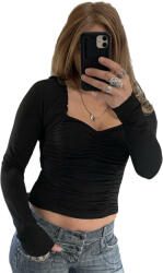 Noxim Fashion Fekete hosszú ujjú női felső fodros szegéllyel és ráncolt mell résszel M (SNXM-040-FEKETE-M)