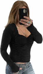 Noxim Fashion Fekete hosszú ujjú női felső fodros szegéllyel és ráncolt mell résszel L (SNXM-040-FEKETE-L)