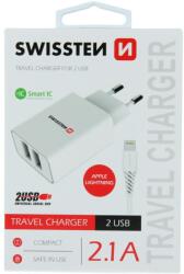 SWISSTEN Hálózati töltő adapter + lightning kábel, 2 USB port, Smart IC, 2.1 A, Fehér (22057000)