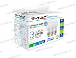 V-TAC SKU-7268 Led izzó E27 5W A55 420lm 6400K hideg fehér 200° sugárzási szög 3db (7268)