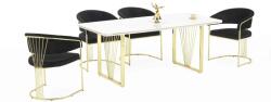 BYS Nora Elit étkezőasztal lakk fehér MDF lappal, arany fém lábakkal 92x180 cm és 6 db Nora székkel