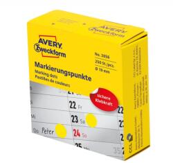 Avery Etikett címke, o19mm, tekercses jelölőpont adagoló dobozban 250 címke/doboz, Avery sárga (3856) - nyomtassingyen