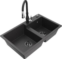 Mexen Tomas, gránit mosogató 800x500x190 mm, 2 kamrás és Savita mosogató csaptelep, fekete foltos, 6516-76-672601-70-B (6516-76-672601-70-B)