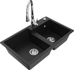 Mexen Tomas, gránit mosogató 800x500x190 mm, 2 kamrás és Savita mosogató csaptelep, fekete, 6516-77-672601-00 (6516-77-672601-00)