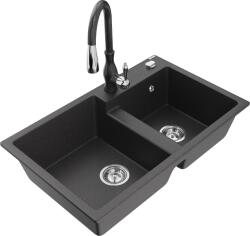 Mexen Tomas, gránit mosogató 800x500x190 mm, 2 kamrás és Savita mosogató csaptelep, fekete foltos, 6516-76-672601-76 (6516-76-672601-76)