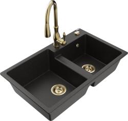 Mexen Tomas, gránit mosogató 800x500x190 mm, 2 kamrás és Savita mosogató csaptelep, fekete-arany metál, 6516-75-672601-50 (6516-75-672601-50)