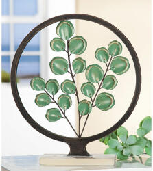  „Sarto Fém asztali szobor zöld levelekkel, fa talapzaton - 41 cm