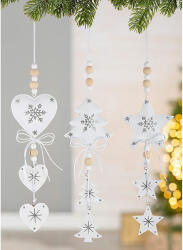 Szívecske, fenyőfa vagy csillag alakú fém függődísz, fa gyöngyökkel, masnival, hópehellyel, fehér színben 37cm