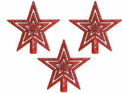  Csillag csúcsdísz formájú függődísz szett, piros színű glitteres felülettel, 10cm 3db