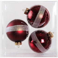 Üveg karácsonyfadísz gömb, fényes és matt bordó színben angyal és szalag díszítéssel, 8cm 3db