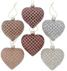  Exkluzív fényes és matt szív formájú üveg karácsonyfadísz, bordó, rózsaszín, ezüst, 6db - 9 cm