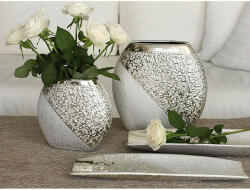 Ovális formájú ezüst színű matt és fényes strukturált felületű kerámia váza 18, 5cm Grace