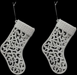  Karácsonyfadísz zokni fehér színben, áttetsző mintával, 2 db - 13 cm