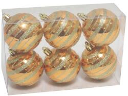 Műanyag karácsonyfadísz gömb, csíkos arany színben, 6cm, 6db